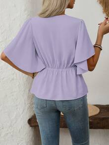 EMERY ROSE Women's Elegant V-Neck Button Decor Flare Sleeve Waist Cinched A-Line Shirt, Solid Color, Suitable For Commute, Casual, Vacation, Spring/Summer - Mauve Purple - View 2
