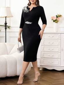 SHEIN Clasi 大码女式中长款V领连衣裙，黑色七分袖黑白条纹铅笔裙，及膝V领通勤优雅修身连衣裙，办公室连衣裙，简约修身连衣裙 - 彩色 - 查看 1