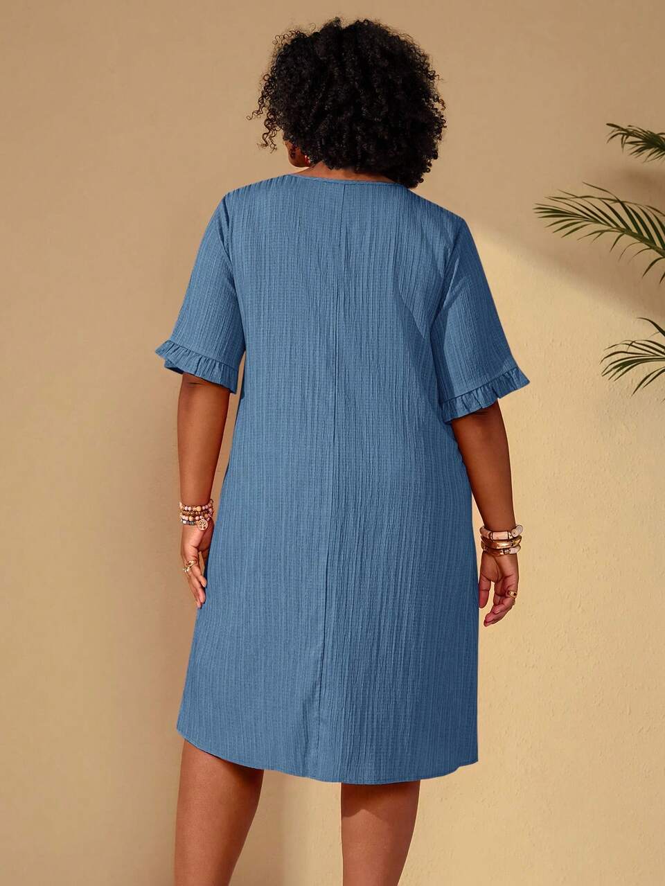 Plus Size Dusty Blue Summer Boho Bohemian Vacation Holiday Dress, Solid Round Neck Ruffle Hem Short Sleeve Casual Loose Spring Beach Outfits Style