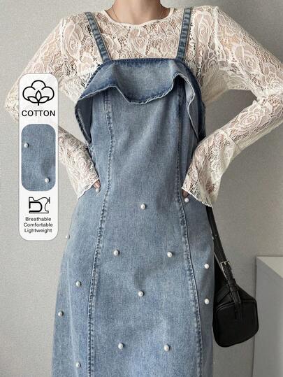 FRIFUL Gaun Denim Kasual Minimalis Warna Polos Wanita dengan Hiasan Mutiara Imitasi, Gaun Musim Panas untuk Wanita