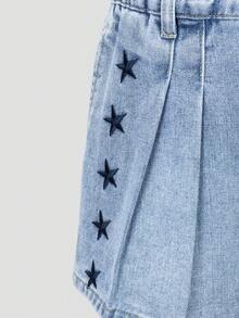 Tween Girls Denim Washed Casual Comfortable Cute Star Embroidered Front Pleated Loose Wide Leg Blue Denim Shorts, Summer - Medium Wash - View 6