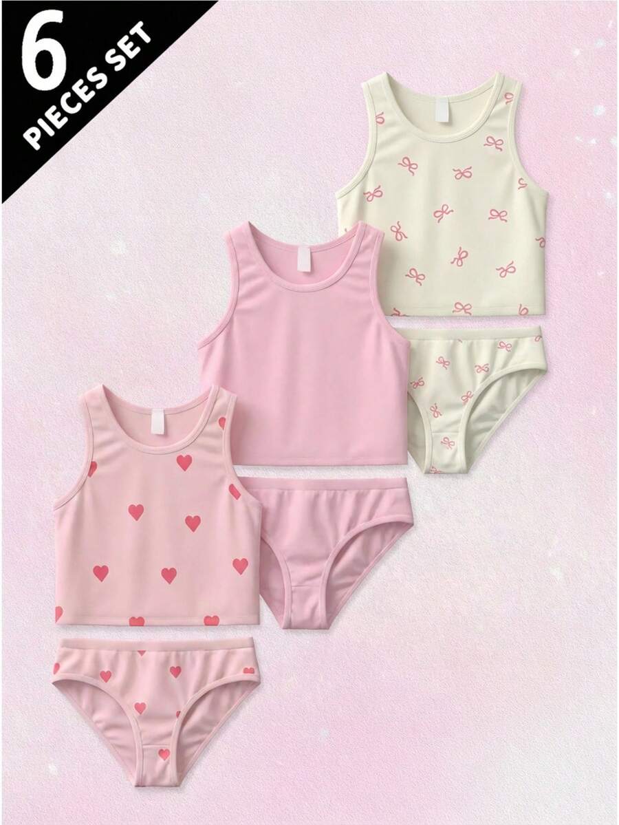 3pcs/Set Girls Underwear Set, Cute Heart & Bow Pattern Camisole + Panties - Multicolor - View 1