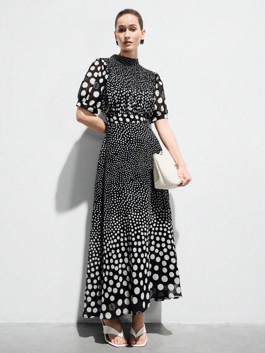 Aveloria Modichic 优雅女士雪纺连衣裙，胸部褶裥设计，公主袖，收腰，A字裙摆，简约纯色，通勤百搭，长袖 - 黑與白 - 查看 1