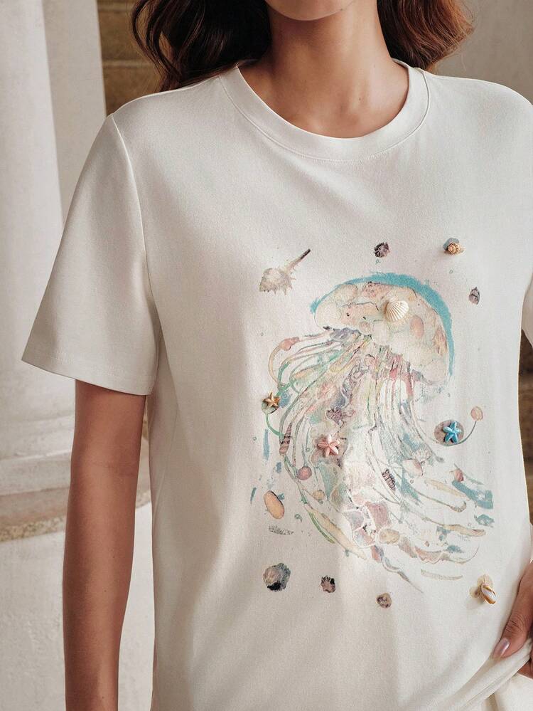 Spring/Summer New Casual Versatile Beach Ocean Element Colorful Jellyfish, Starfish, Shell Print Round Neck Short Sleeve T-Shirt For Women