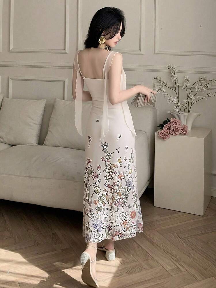 Women's Elegant Long Floral Print Frill Trim Dress, Summer