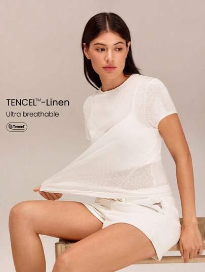 GLOWMODE TENCEL™-Linen Pack Light Regular Fit Waist Length Asymmetric Sheer Linen Double Edge Neckline Crewneck Tee Vacation Holiday Summer Travel Beach Daily Casual Wear