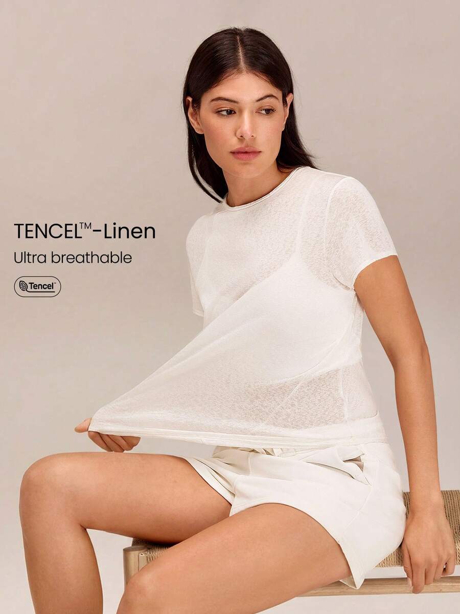 GLOWMODE Áo thun TENCEL™-Linen dáng vừa vặn, dài đến eo, cổ áo bất đối xứng, chất liệu vải lanh mỏng, viền đôi, cổ tròn, thích hợp cho kỳ nghỉ hè, du lịch, đi biển, mặc hàng ngày. - trắng - Xem 1