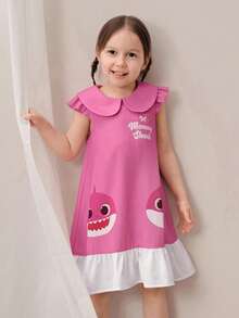 BABY SHARK X SHEIN 1 chiếc váy ngắn tay cổ Peter Pan kiểu dáng dễ thương cho bé gái - Hồng - Xem 3