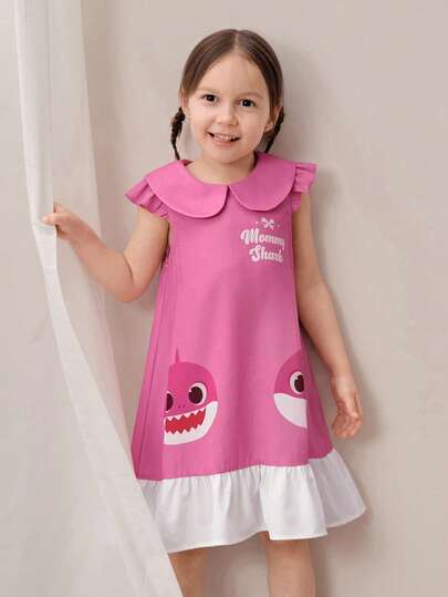 BABY SHARK X SHEIN 1件 女童可爱风格彼得潘领短袖连衣裙