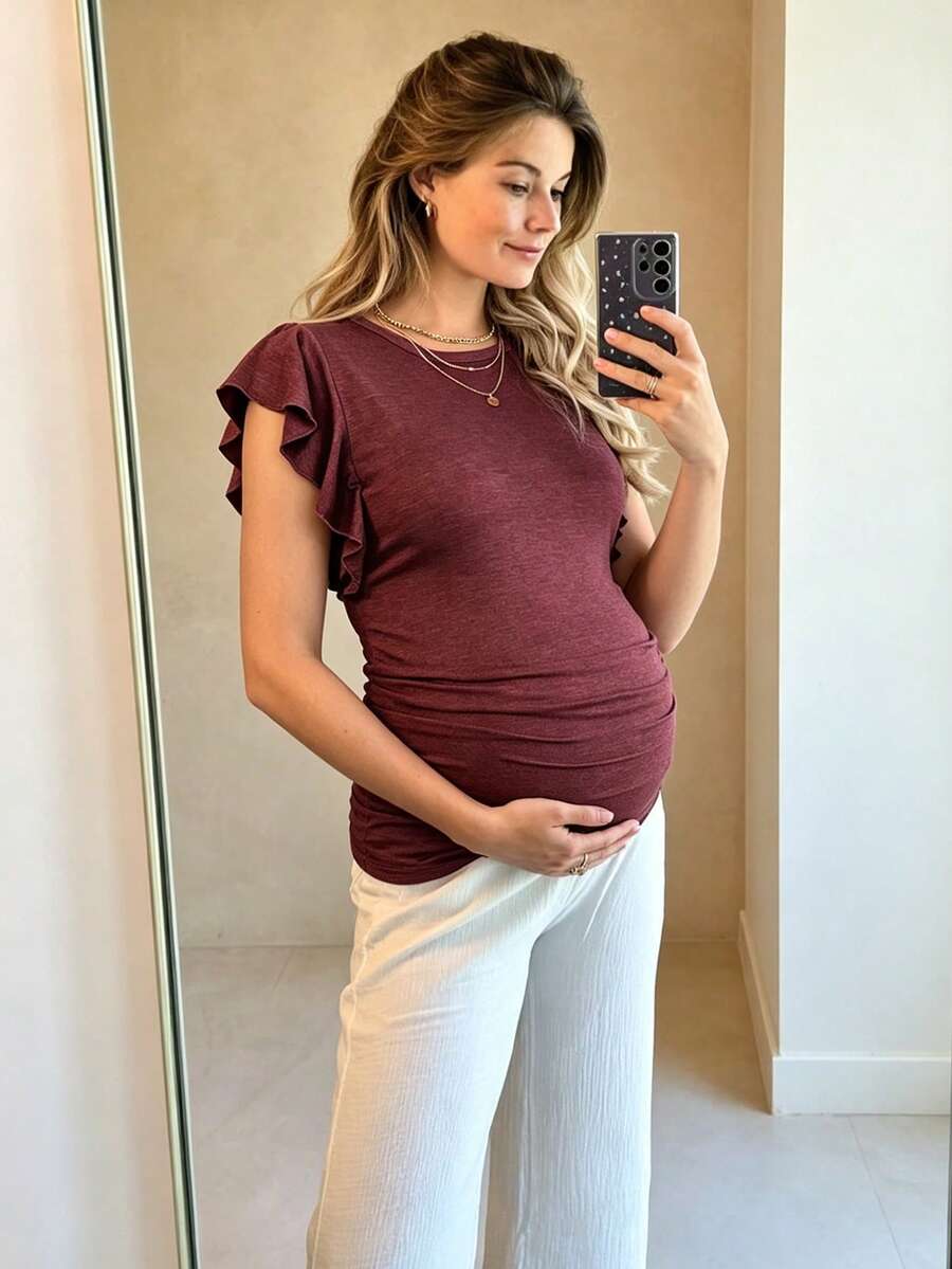 SHEIN Camiseta Premamá Informal De Corte Regular Con Cuello Redondo Elástico - Rojo - Ver 1
