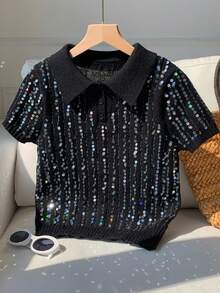 Comfortcana Women's Black Sequin Embellished Knit Top - Black - View 3