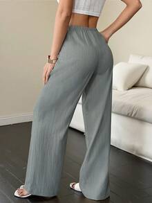 Flirla Quần ống rộng dáng suông thoải mái màu trơn dành cho nữ, có dây buộc eo và túi. - Iron Gray - Xem 2