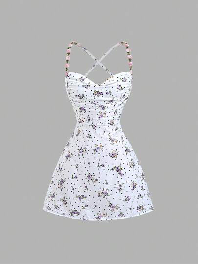 Sweetra Đầm ngắn dáng chữ A họa tiết hoa phong cách đồng quê giản dị cho bé gái dự tiệc, thiết kế dây đeo bèo nhún thanh lịch, đầm buộc dây hở lưng quyến rũ gợi cảm cho mùa hè.