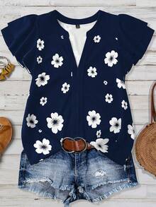 Linhara Elegant French Floral Print V-Neck Linen Blend Blouse With Ruffle Sleeves, Suitable For Commute, Casual, Vacation, Plus Size - Royal Blue - View 5