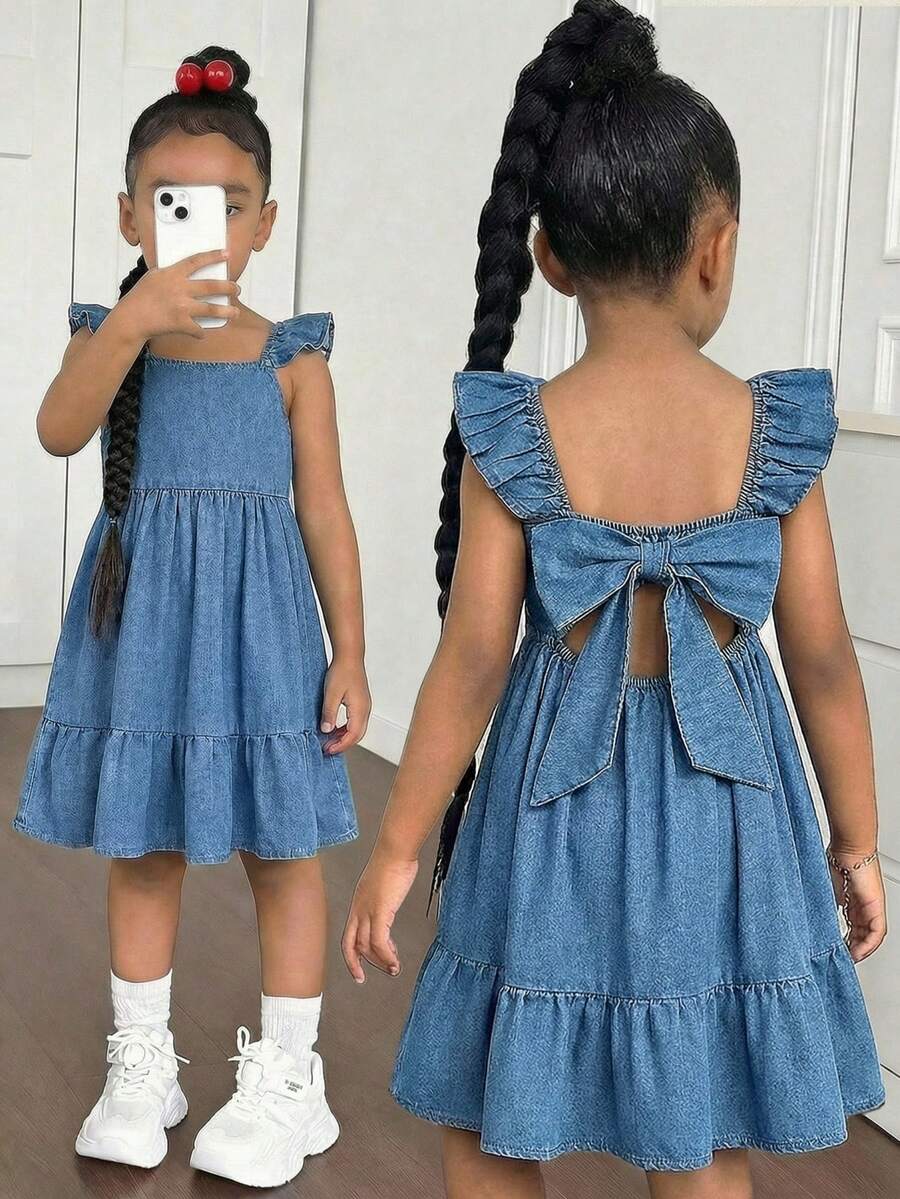 Young Girl' New Fashion Casual Soft Cute Boho Back Bowknot Decor Blue Denim Sleeveless Loose Dress Spring Summer,,For Kids Girls Spring/Summer Dailywear Outfits, Girls Streetwear Outfits,Girls Beach Outfit,Vacation Outfits For Girls,Casual Clothes For Girls,Graphic Dress,Toddler Dress,4-Year-Old Girls Dress,Summer Dress,Casual Dress,Cherry Dress,Elegant Dresses For Party,Elegant Dresses For Girls - Light Wash - View 1
