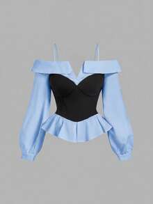 SHEIN MOD Áo kiểu trễ vai màu đen trắng thanh lịch dành cho nữ cỡ lớn, thời trang tối giản, trang phục thường ngày, dịp năm mới, thời trang đường phố, áo sơ mi công sở, áo tay dài, trang phục nữ đón năm mới, áo kiểu thanh lịch, phong cách Gothic, áo đi chơi, áo dự tiệc. - Màu xanh lam - Xem 5