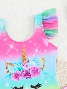 SHEIN Toddler Girls Unicorn Cartoon Print 2-Piece Swimsuit,Rainbow Gradient Sleeveless One-Piece & Multi-Layer Mesh Cake Skirt Set,Summer Beach Holiday - Baby Pink - View 3
