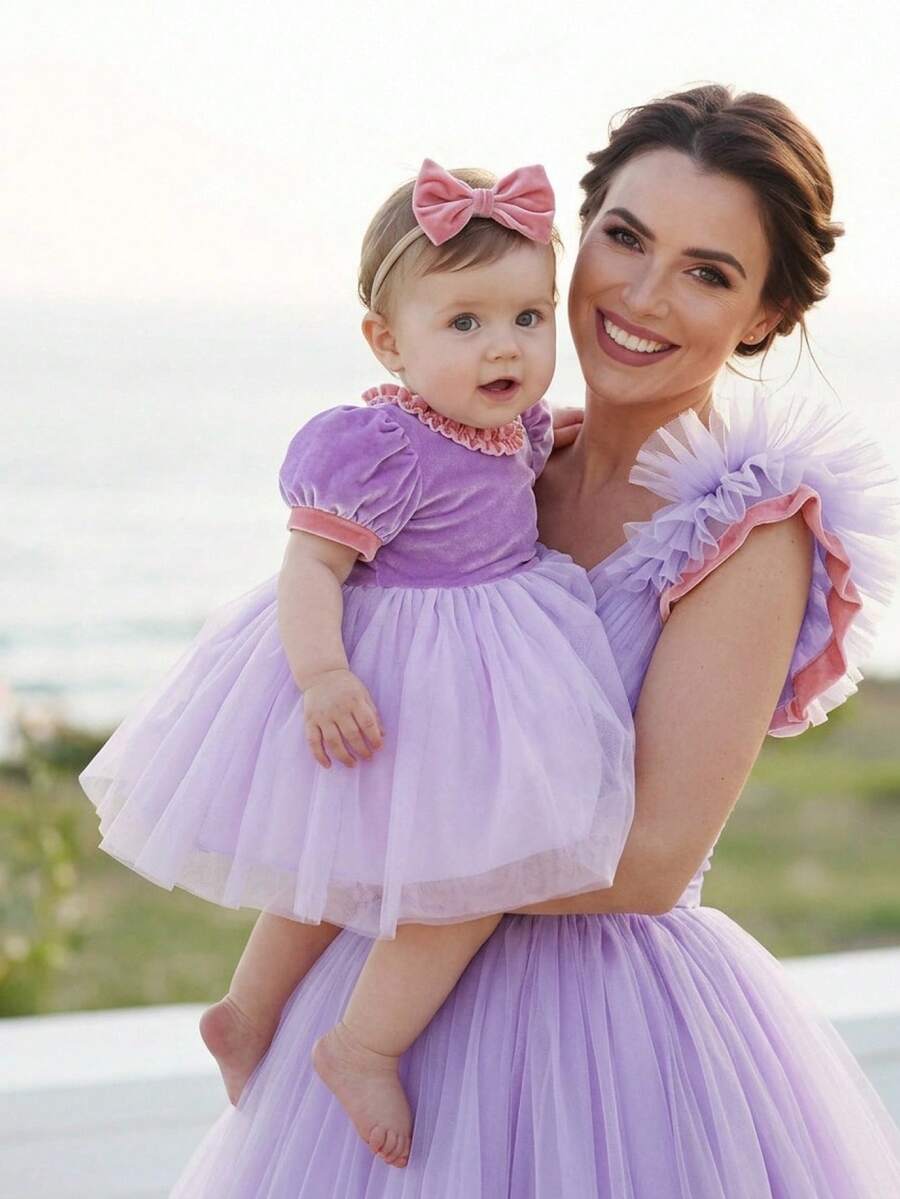 Glamorique Kids 女童连衣裙,婴儿生日服装,蝴蝶结,天鹅绒,优雅丝绸 - 紫色 - 查看 1