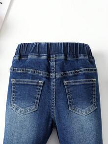 Jeans de niña, nueva llegada de verano, color azul claro lavado, casual y lindo, bordado de mariposa rosa, jeans elásticos, suaves y cómodos, adecuados para actividades al aire libre y uso diario - Azul lavado medio - Ver 6