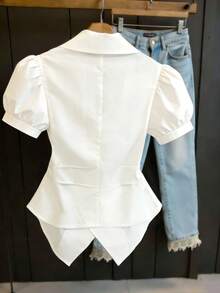 Franclia White Bubble Sleeve V-Neck Asymmetrical Hem Blouse - White - View 2