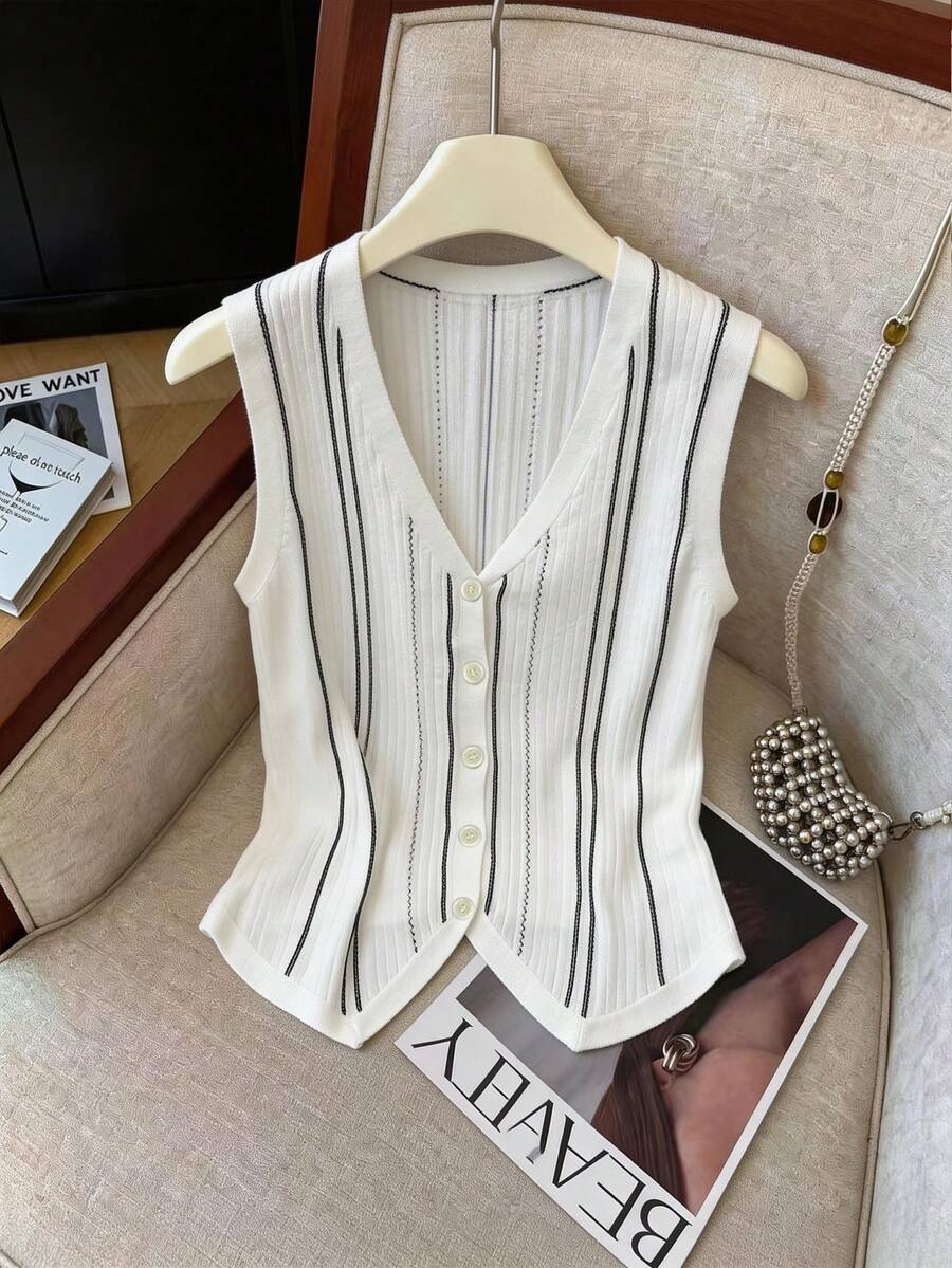GlowEve Áo vest dệt kim không tay cổ chữ V thanh lịch dành cho nữ mùa xuân/hè. - trắng - Xem 1