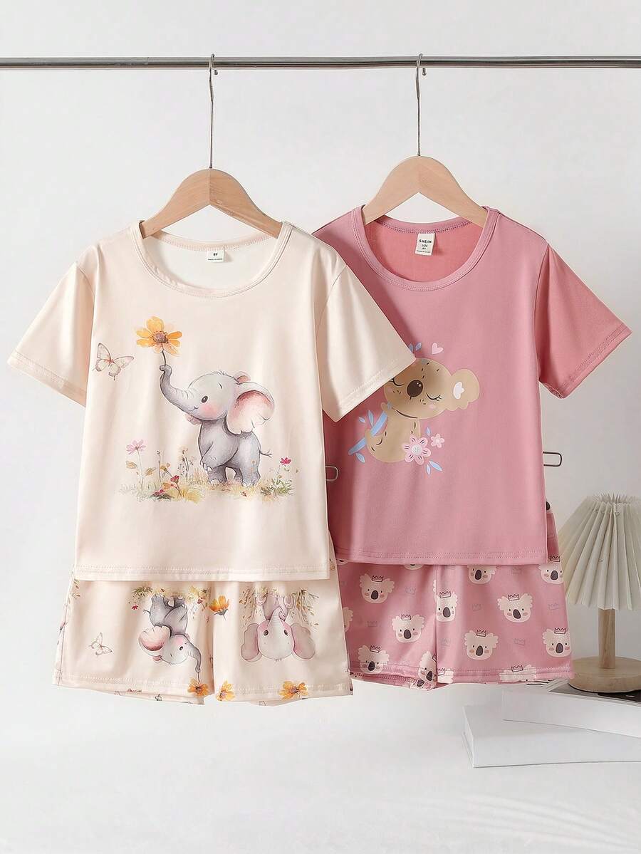 2 pièces/Set Pyjama décontracté pour filles avec short et Top à manches courtes imprimé ours, rose clair - Multicolore - Voir 1