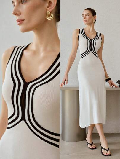 MOTF PREMIUM FITTED KNIT MAXI DRESS, BLACK & WHITE COLOR BLOCK PATCHWORK AND CUTOUT AT WAIST