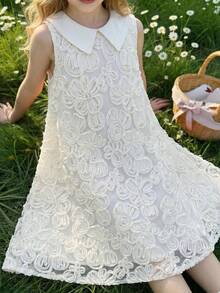 Elladie kids Young Girls White Dress,Elegant Flower Girl Wedding Princess Style,Sleeveless Peter Pan Collar 3D Floral Pattern A-Line Midi Dress For Summer Party - Apricot - View 1