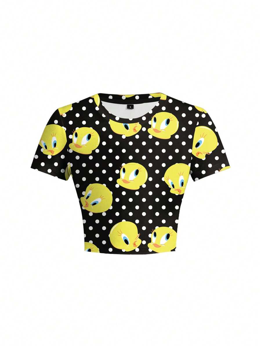 LOONEY TUNES X SHEIN Women's Cartoon Polka Dot Print Cropped Tight T-Shirt - White - View 1