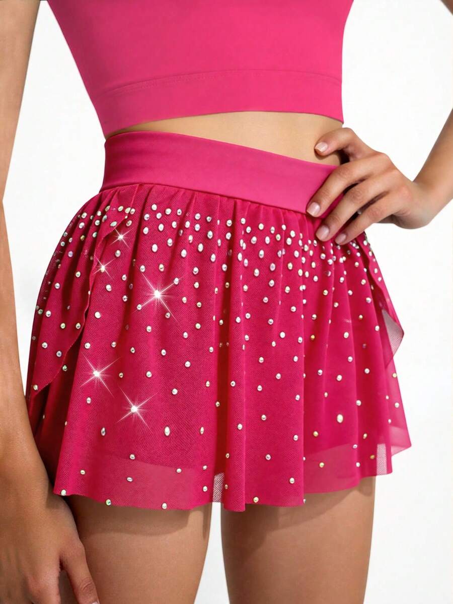 Tween Girls Mesh Rhinestone Fashionable Skirt, Magenta Yoga, Gymnastics Outfit With Sports Skirt - Hot Pink - View 1