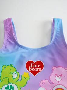 SHEIN X Care Bears 小女孩可爱卡通熊渐变印花多层荷叶边连体泳衣，沙滩/度假风 - 紫羅蘭色 - 查看 3