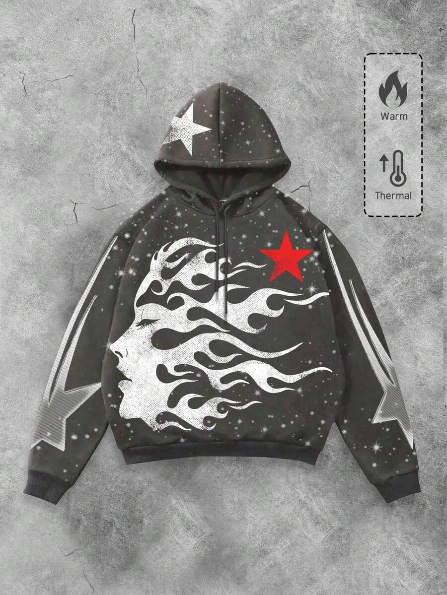 ROMWE MEN Street Life Áo sweatshirt nam dài tay có mũ, dây rút, họa tiết chân dung, phong cách thường ngày, mùa xuân, thu đông, Y2K. - Xám - Xem 1