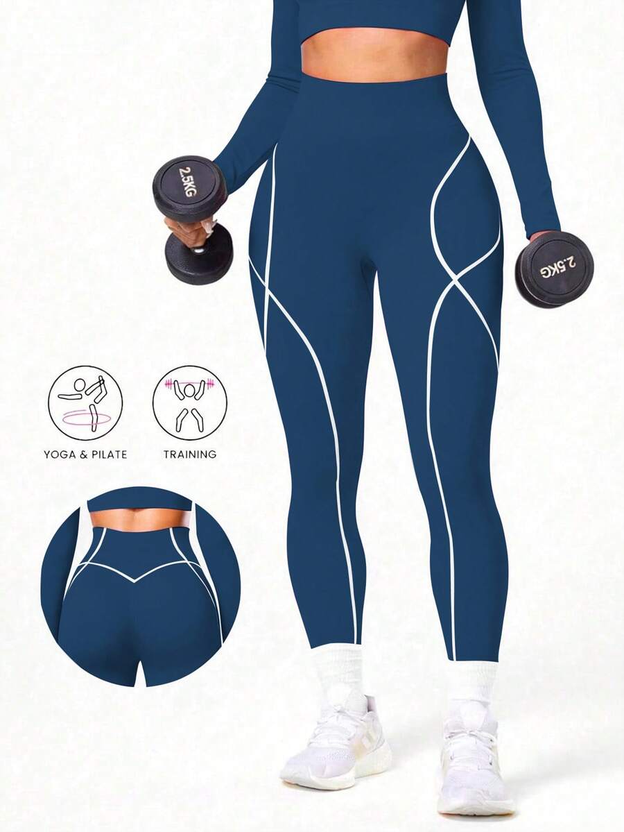 Seamluxe SHEIN Sport Leggings sportivi senza cuciture in vita alta con bordo a contrasto - Blu Navy - Visualizzare 1