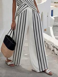 SHEIN Holidaya Women's Striped Casual Versatile Wide Leg Pants For Daily Wear - White - View 6
