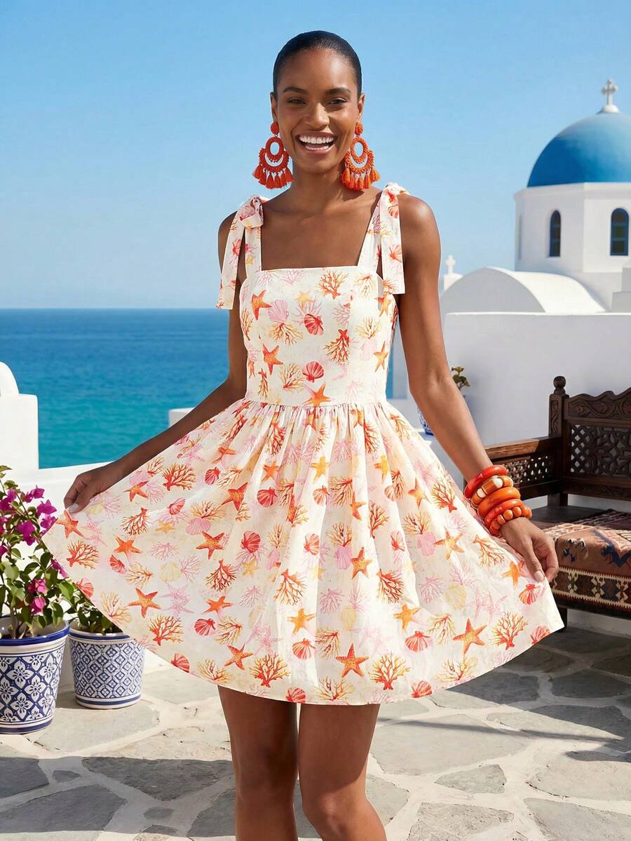 Travachic Rochie camișon cu imprimeu tropical marin - Caisă - Vizualizare 1