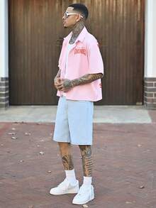 Devon Thys 男士短袖后背樱桃字母图案休闲夏季衬衫男樱桃衬衫 - 粉色 - 查看 6