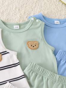 SHEIN Playful Pals 3件套男婴/男女通用婴儿幼儿新生儿0-3岁条纹纯色三件套：圆领无袖小熊刺绣背心和短裤，休闲可爱夏季亲子装 - 彩色 - 查看 6