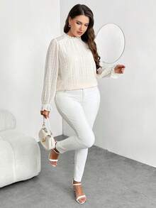 Enliva Plus Size Women's White Swiss Dot Print Long Sleeve Shirt,Elegant Formal Summer Blouse For Apple And Rounded ,Casual Commuter Spring Tops - Apricot - View 7