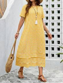EMERY ROSE Plus Size Women Summer Casual Plaid Print Dress - Yellow - View 6