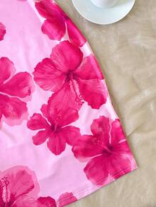SHEIN 少女休闲简约粉色碎花圆领无袖中长连衣裙，适合夏季穿着 - 玫紅色 - 查看 7