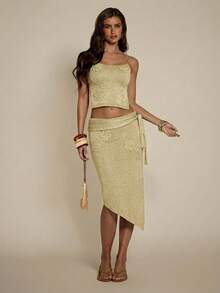 SHEIN BAE Chân váy dệt kim nữ họa tiết hoa bất đối xứng, kiểu dáng thường ngày, đa năng, thích hợp cho buổi hẹn hò. - Vàng - Xem 3