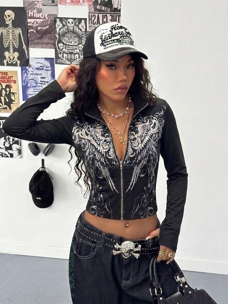 StreetHx Áo khoác nhẹ in họa tiết phong cách Punk thời trang dành cho nữ - màu đen - Xem 1