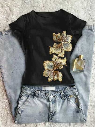 Tween Girls Floral Print Cropped Short Sleeve T-Shirt, Casual & Comfortable, Design Suitable For Outdoor, Sports, Picnic, Street Photography, Vacation, Holidays, Gifts