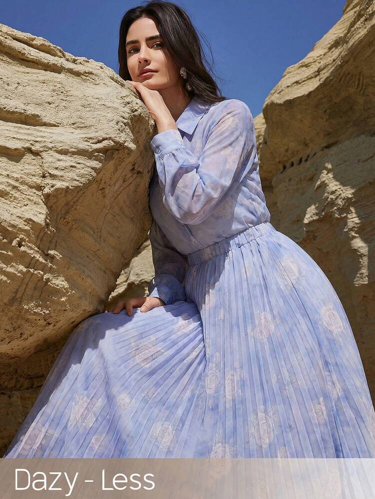 Spring/Summer Floral Print Blouse And Pleated Skirt Set, Elegant Casual Outfit For Commute, Weddings, Valentine's Day