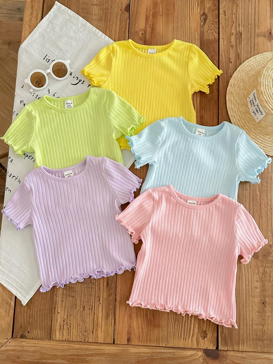 SHEIN 5件套 女童简约纯色荷叶边圆领短袖T恤，休闲装 - 綠色 - 查看 1