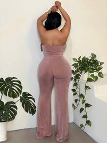 Maweii Plus Size Women's Dusty Rose Summer Elegant Night Out Club Spaghetti Strap Camisole,Underwire,Fitted Flare Pants,Stretch Fabric Two Pieces Set - Dusty Pink - View 2