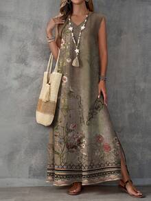 EMERY ROSE Plus Size Floral Print Sleeveless Slit Casual Vacation Dress - Multicolor - View 1