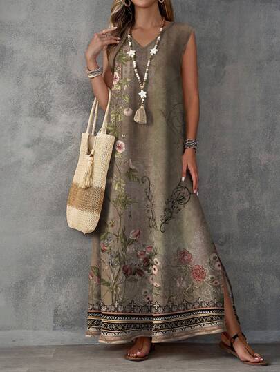 EMERY ROSE 大码印花无袖开衩休闲度假连衣裙