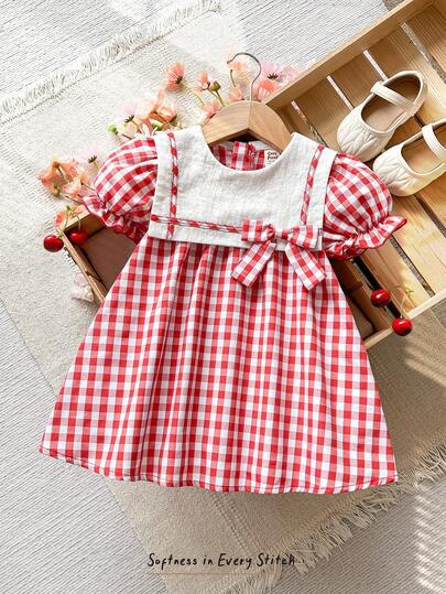 Cozy Pixies 女婴装饰蝴蝶结撞色藏青色领红色格子泡泡袖收腰甜美田园风连衣裙，适合外出、度假