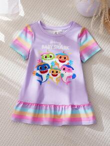 BABY SHARK X SHEIN Đầm ngắn tay cổ tròn kẻ sọc dễ thương cho bé gái, kiểu dáng bèo nhún. - Hồng - Xem 1